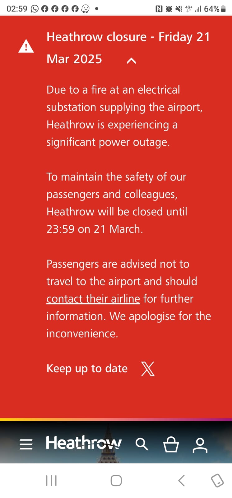 Heathrow Airport Closed Until Midnight Due to Fire – Major Travel Disruption